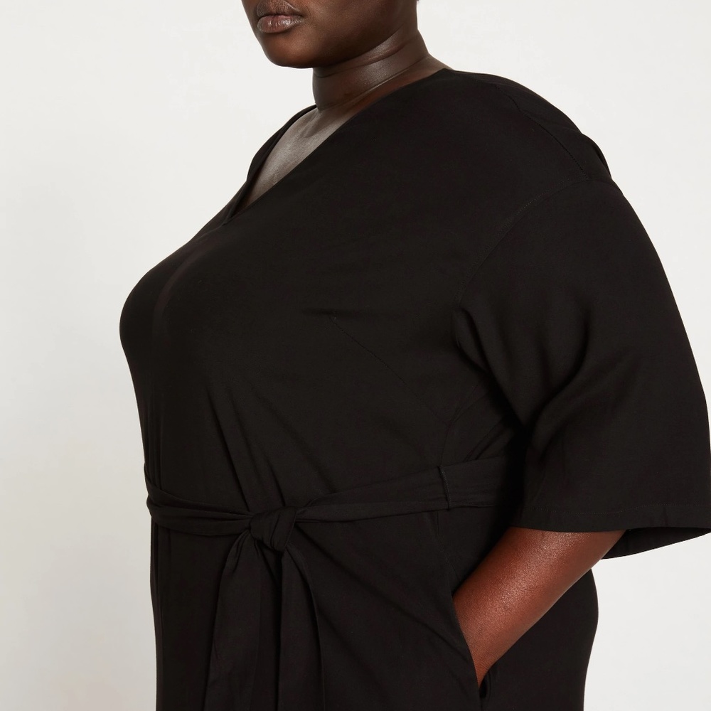 black v-neck twill dress from Universal Standard
